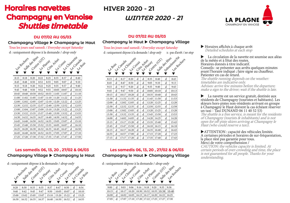 timetable shuttles champagny