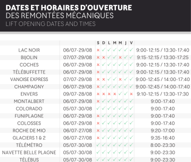 Horaires des remontées mécaniques été Horaires des remontées mécaniques été