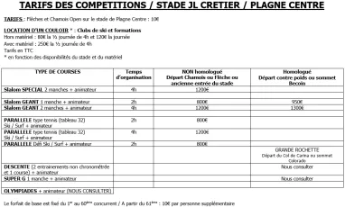 Tarifs des compétitions